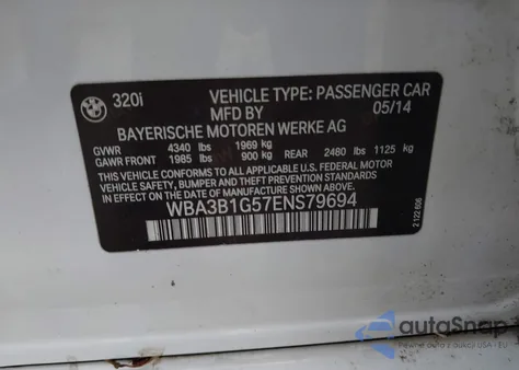 2014 BMW 320I z USA, uszkodzony, nr VIN WBA3B1G57ENS79694